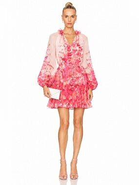 Zimmermann Pink Floral Balloon Sleeve Ruffle Mini Dress